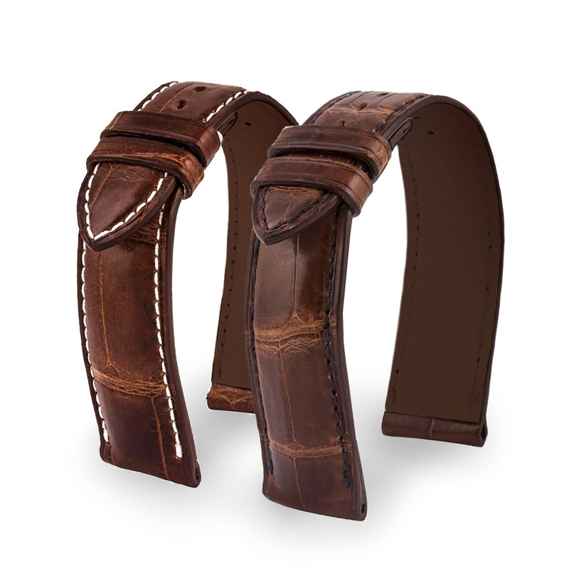 Bracelet montre cuir – Yachting couture classique – Alligator (marron / blanc, marron / bleu marine)