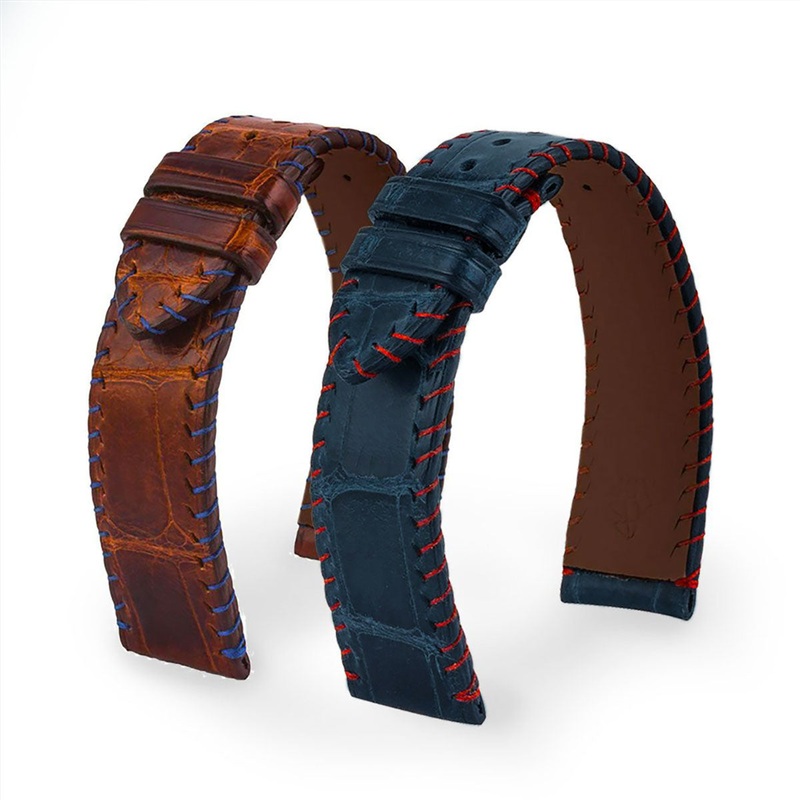 Bracelet montre cuir – Yachting couture semi tribale – Alligator (marron / bleu, bleu / marron)