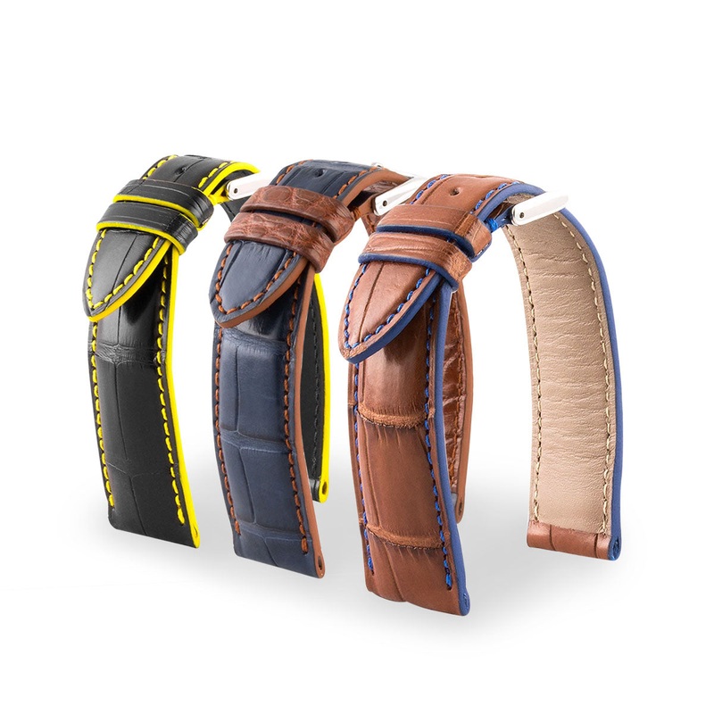 Bracelet pour montre cuir Artisan – Alligator (noir / jaune, bleu / marron, marron / bleu)