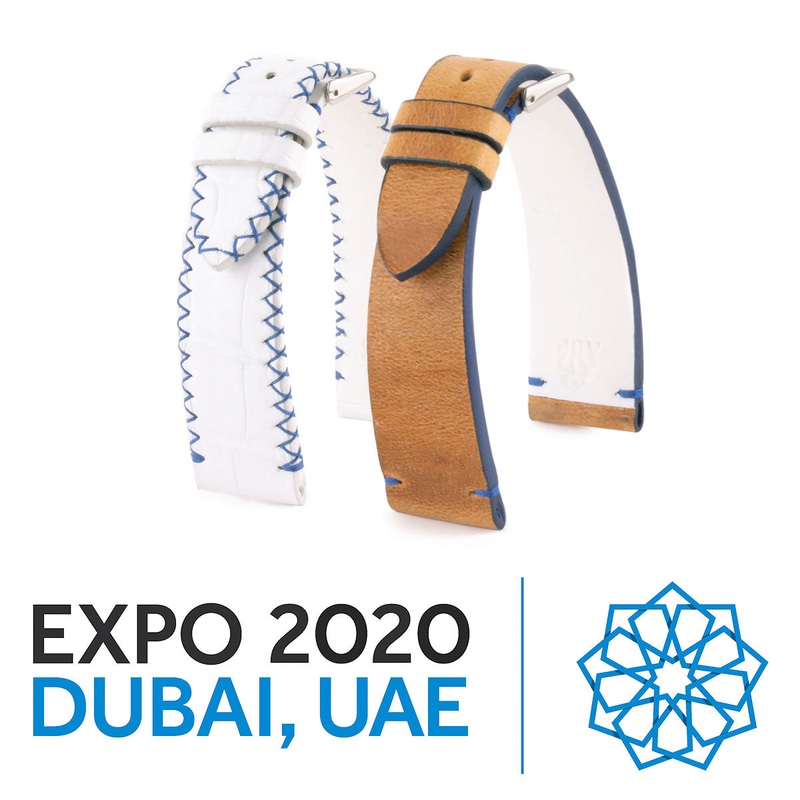 Hommage  l’Expo 2020 Dubai – Bracelet de montre cuir – Alligator et chameau (blanc / marron / bleu)