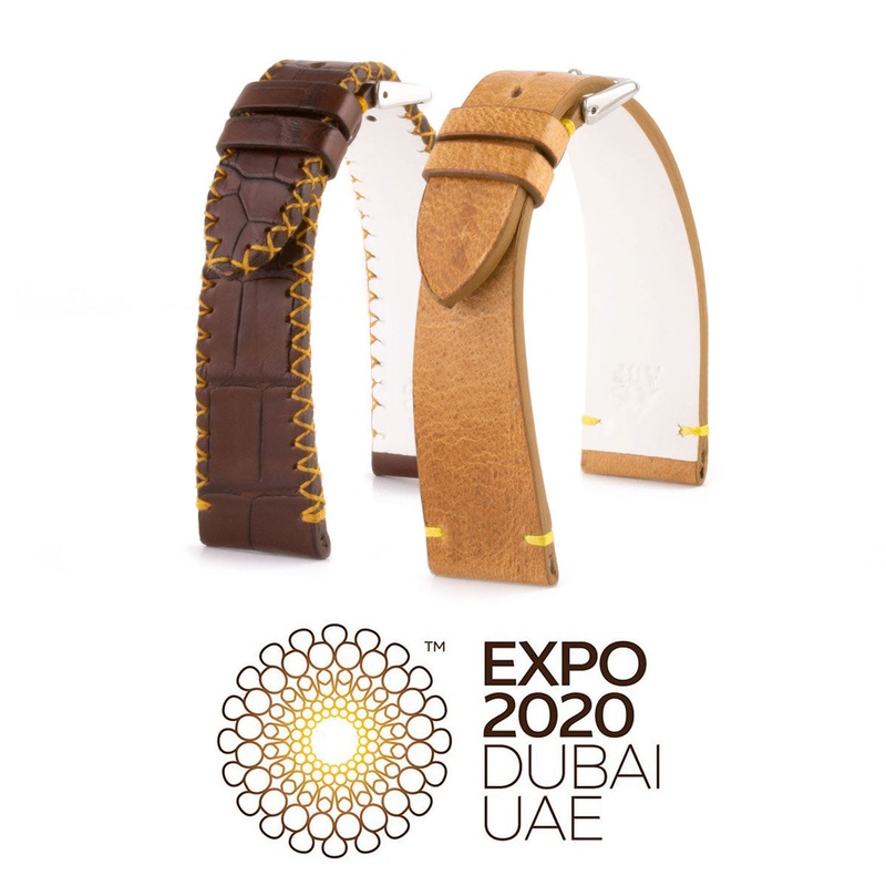 Hommage  l’Expo 2020 Dubai – Bracelet de montre cuir – Alligator et chameau (blanc / marron / jaune)