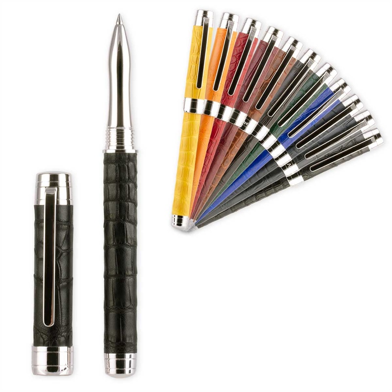 Stylo roller cuir  Acier rhodium  Alligator (noir, bleu, vert, rouge…)