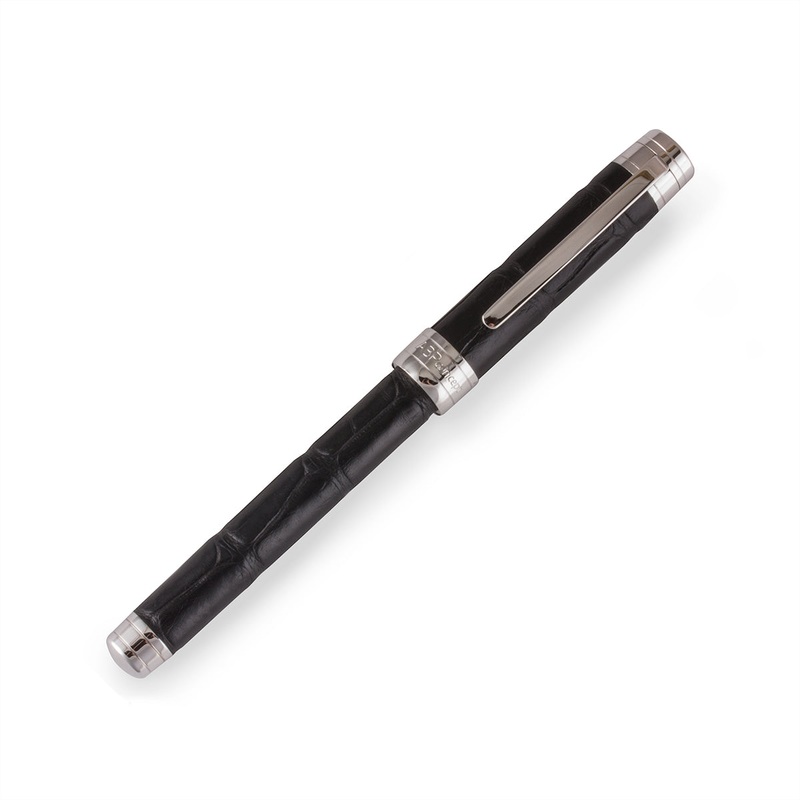 Stylo roller cuir Essential Black Alligator  Acier rhodium
