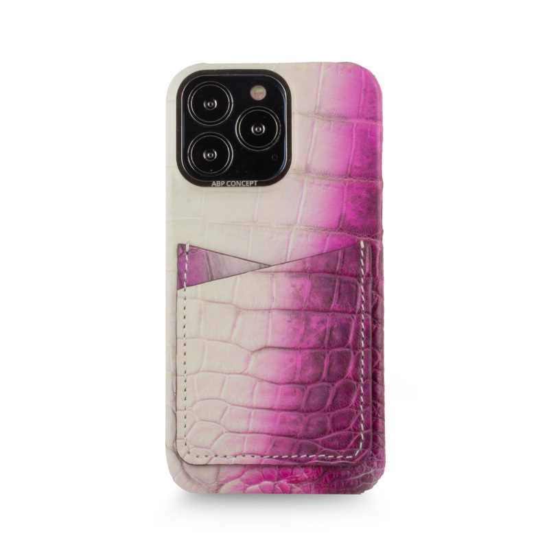Vente exclusive – Coque cuir double card Himalaya pour iPhone 13 Pro – Crocodile Himalaya fuchsia