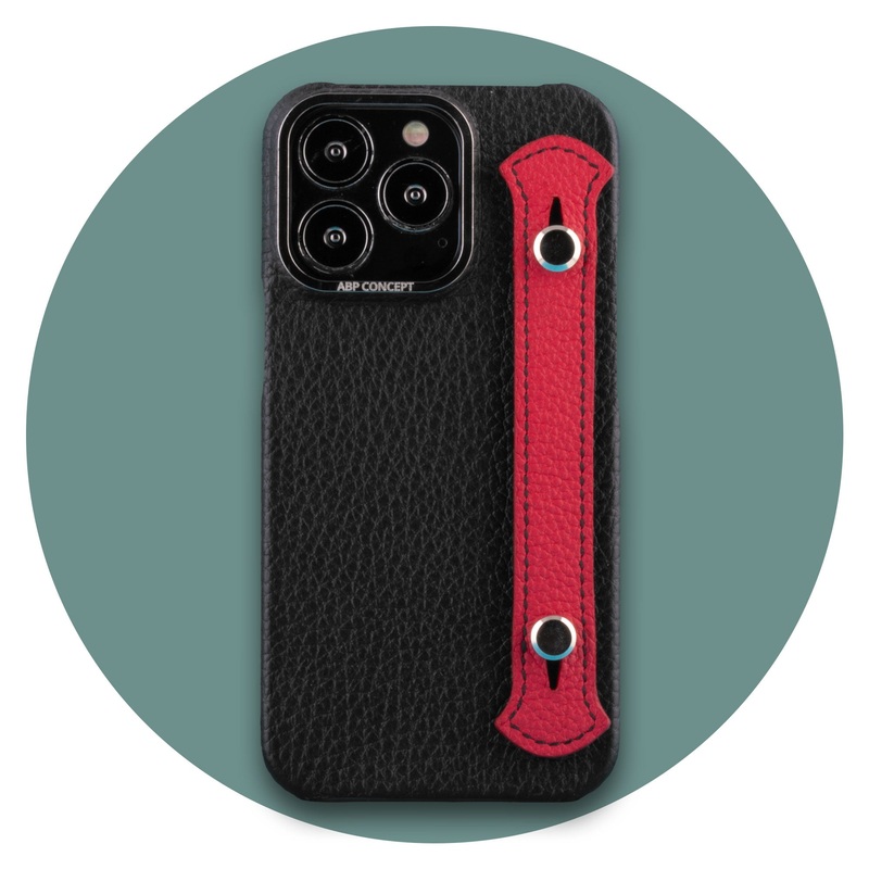 Vente exclusive – Coque cuir strap case pour iPhone 13 Pro – Buffle noir / Strap rouge