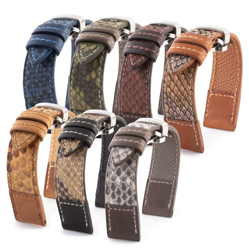 Bracelet montre cuir Tandem – Python & veau type barenia (bleu, kaki, marron…)