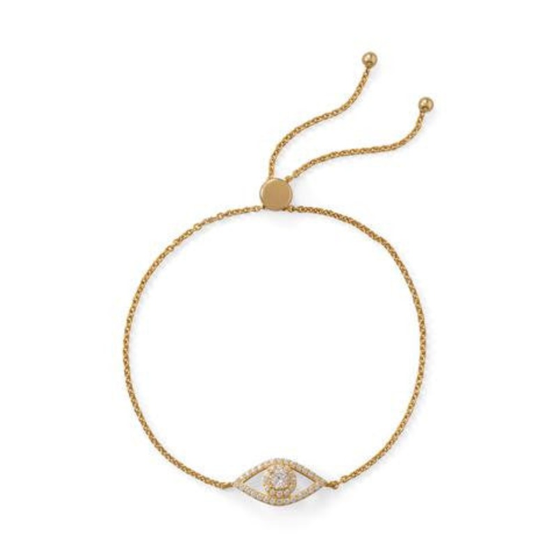 14 Karat Gold Plated Cubic Zirconia  Evil Eye Friendship Bolo Bracelet