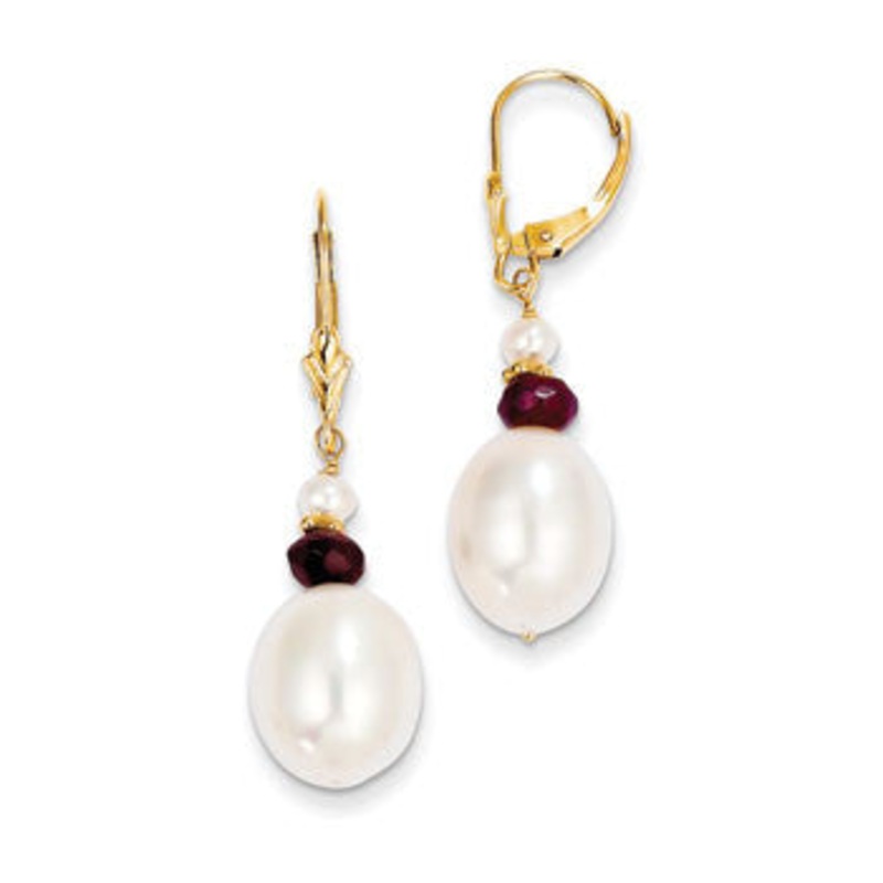 14K Fresh Water Cultured W/Faceted Garnet Leverback Earrings