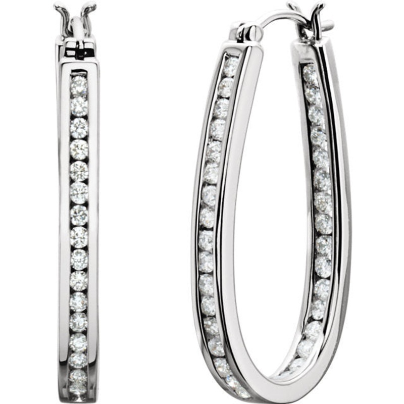 14K White 1 CTW Diamond Inside/Outside Hoop Earrings
