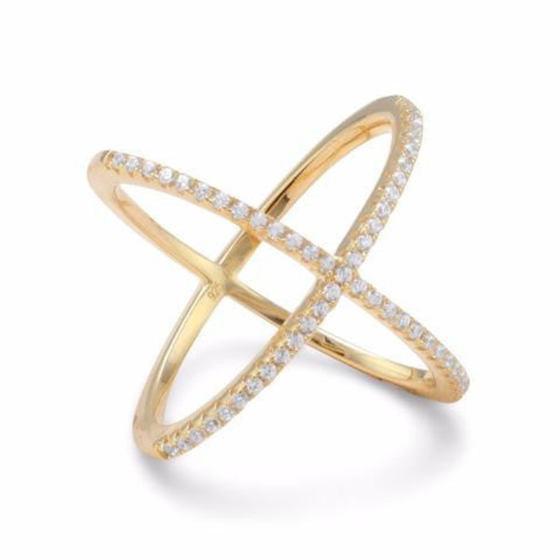 18 Karat Gold Tone Criss Cross X Ring Signity Cubic Zirconia