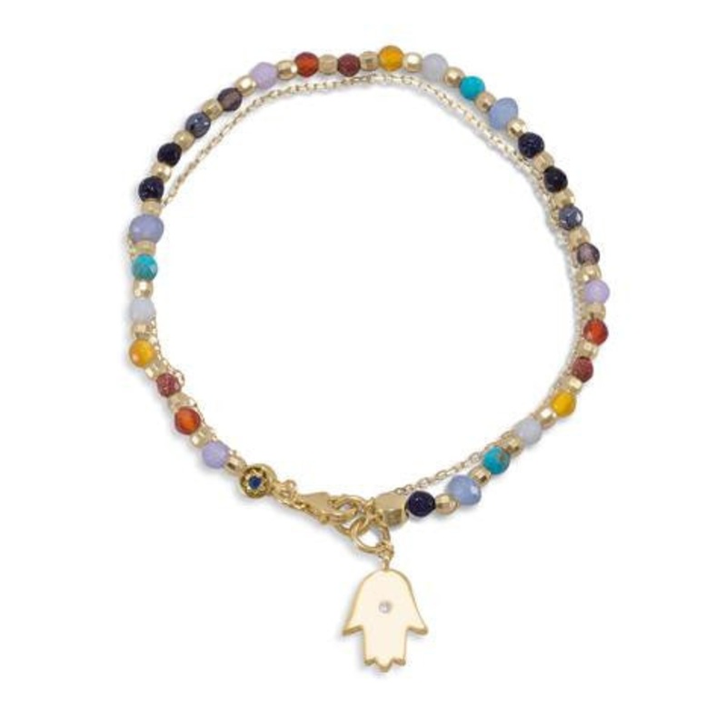 Double Strand 14 Karat Gold Plated Multistone Bracelet with Charm