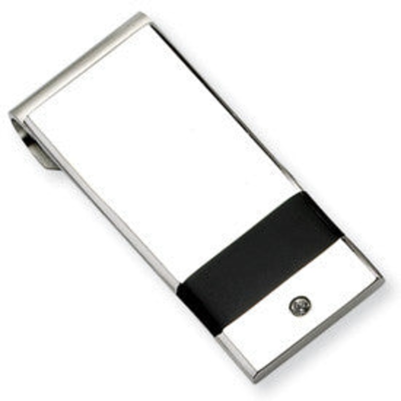 Stainless Steel Black Rubber & Cubic Zirconia Money Clip