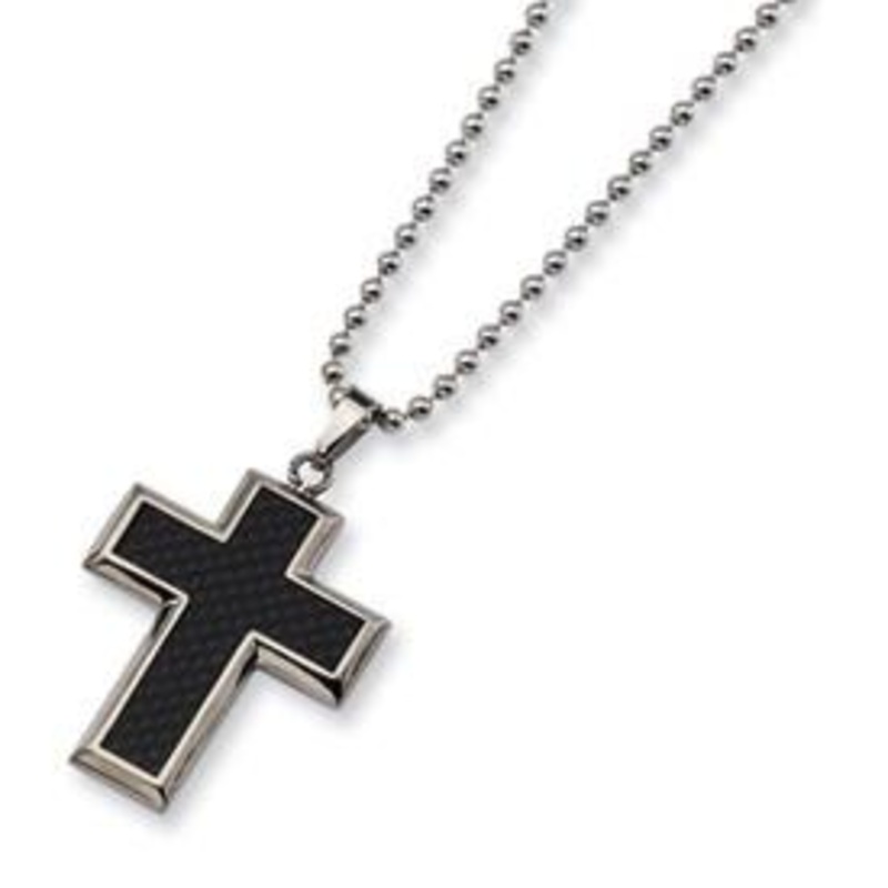 Titanium Black Carbon Fiber Inlay Cross Necklace