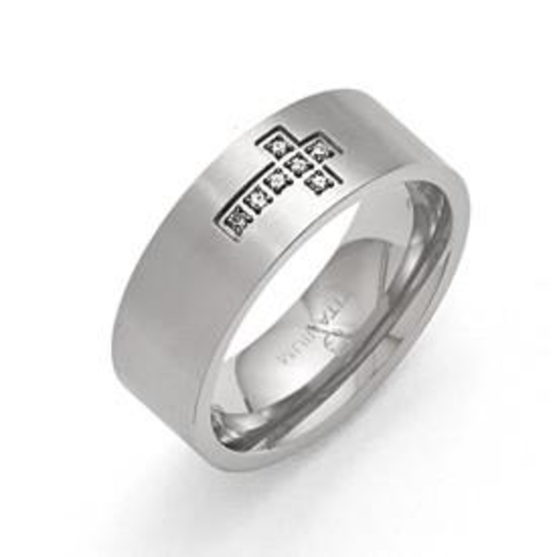 Titanium With Diamond Cross Band Ring