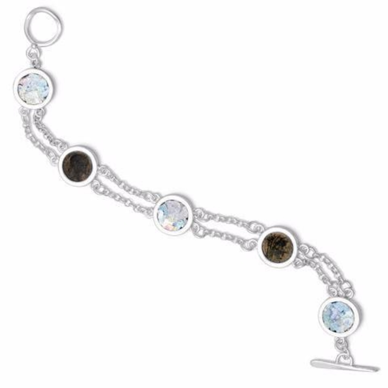 Two Strand Toggle Bracelet With Ancient Roman Glass And Roman Coin