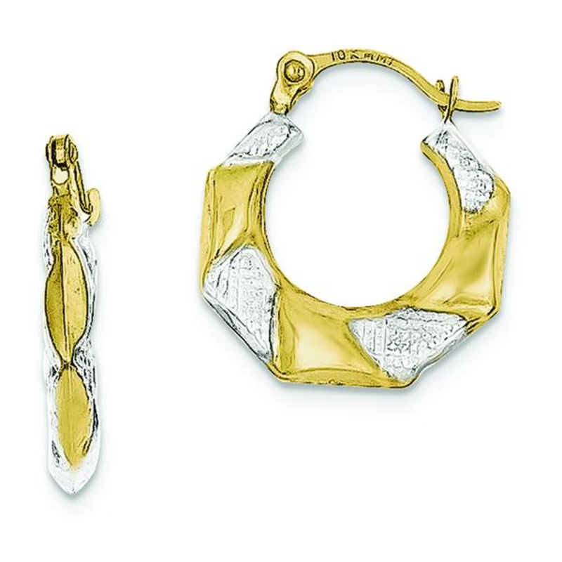 10K And White Rhodium Scalloped Hollow Hoop Earrings