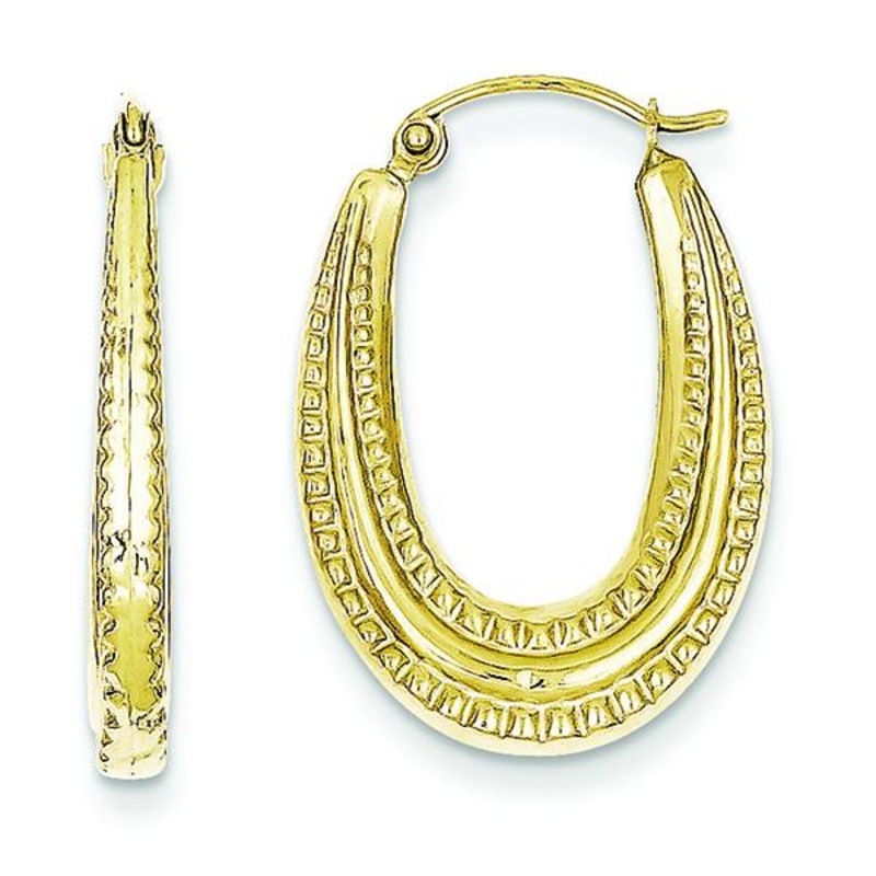 10K Textured Oval Hollow Hoop Earrings