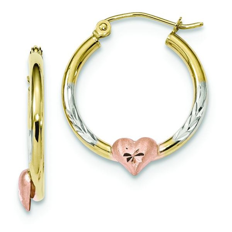 10K Two-Tone And White Rhodium D/C Heart Hoop Earrings
