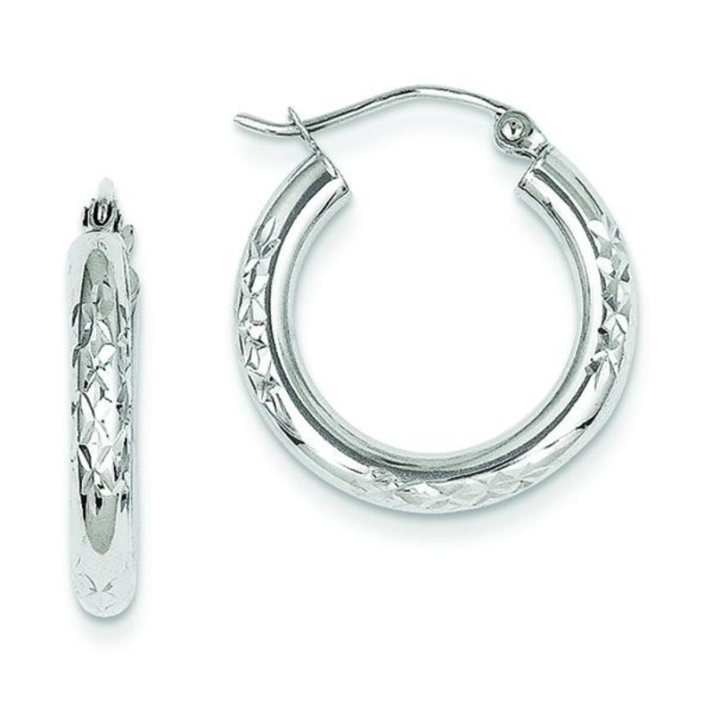 10K White Gold Diamond-cut 3mm  Hoop Earrings