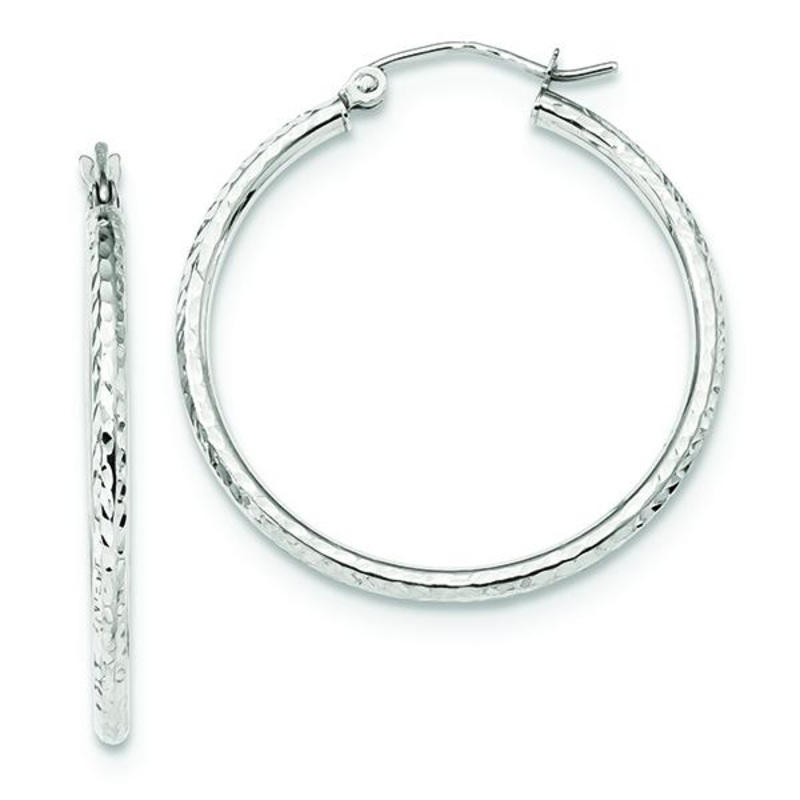 10K White Gold Diamond-cut Tube Hoop Earrings