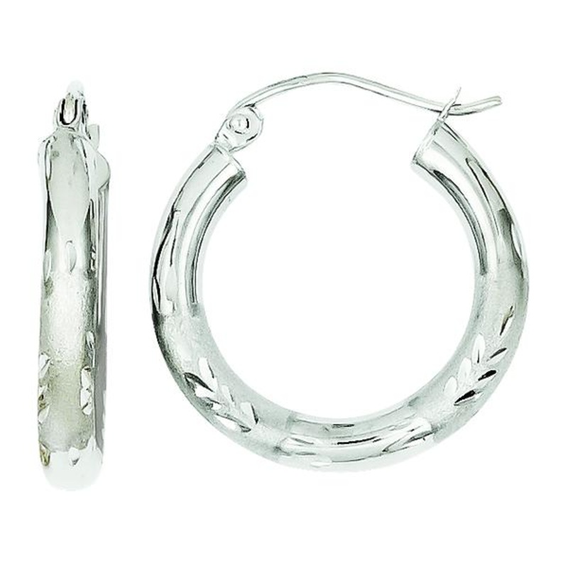 10K White Gold Satin and Diamond-cut Hoop Earrings
