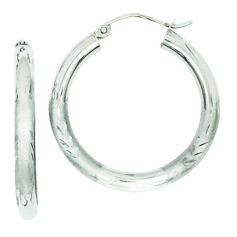 10K White Gold Satin & Diamond-cut Hoop Earrings
