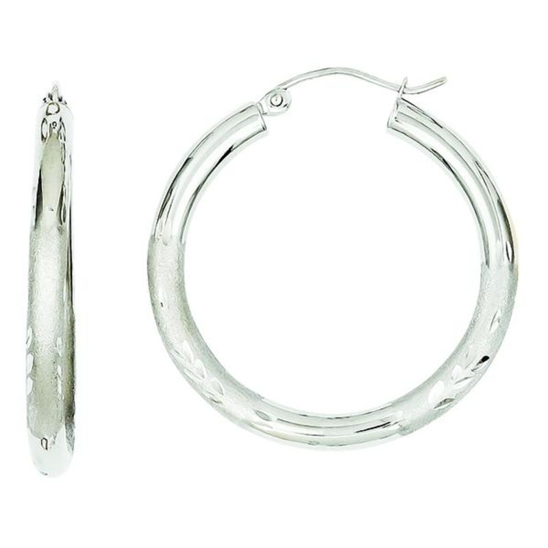 10K White Satin & Diamond-cut 3MM Hoop Earrings