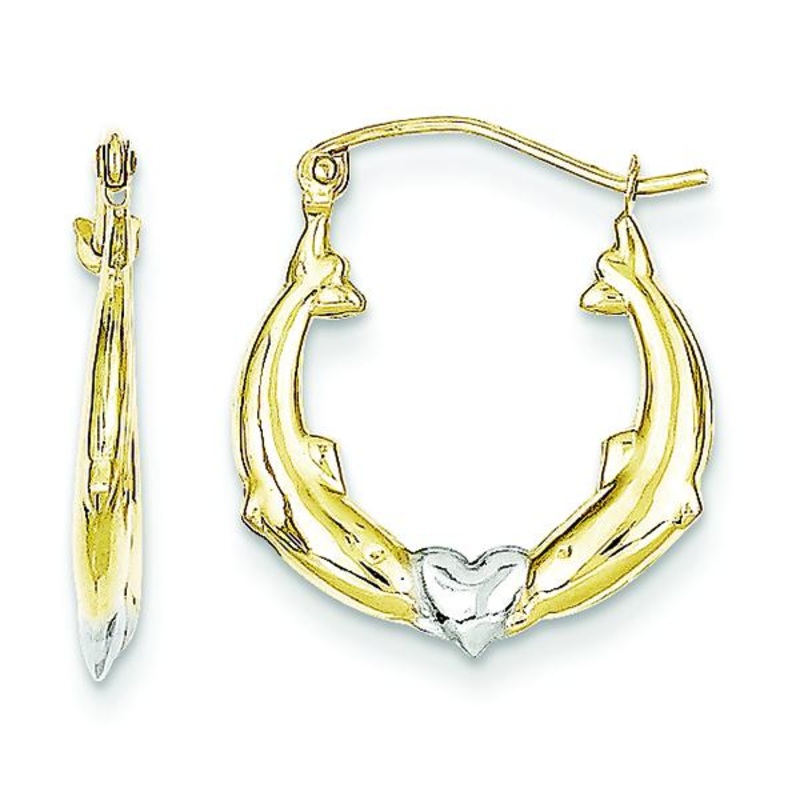 10K Yellow Gold & Rhodium Dolphin Heart Hollow Hoop Earrings