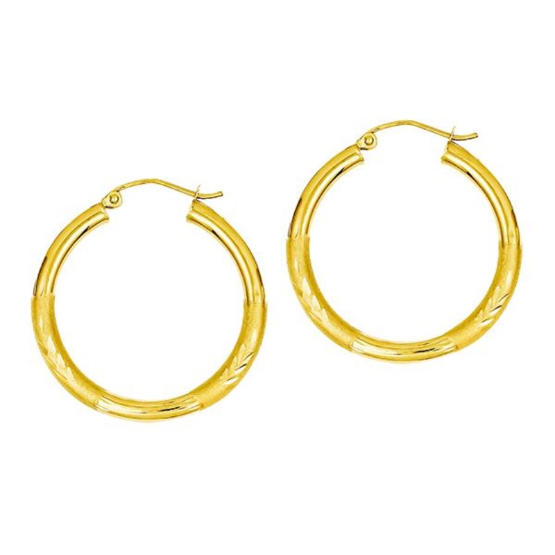 10K Yellow Gold Satin and Diamond-cut Hoop Earrings