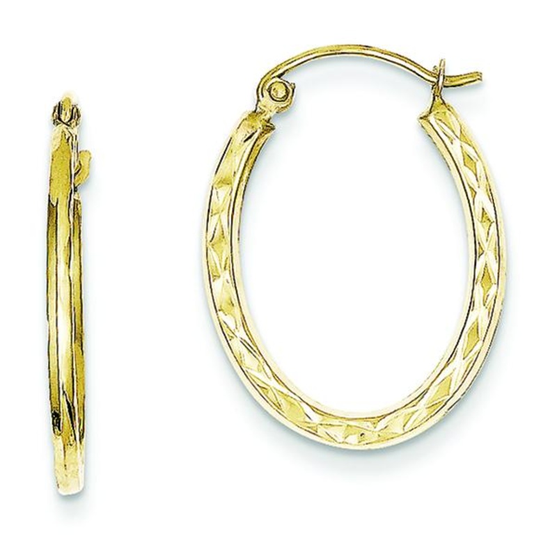 10K Yellow Gold Textured Hollow Oval Hoop Earrings