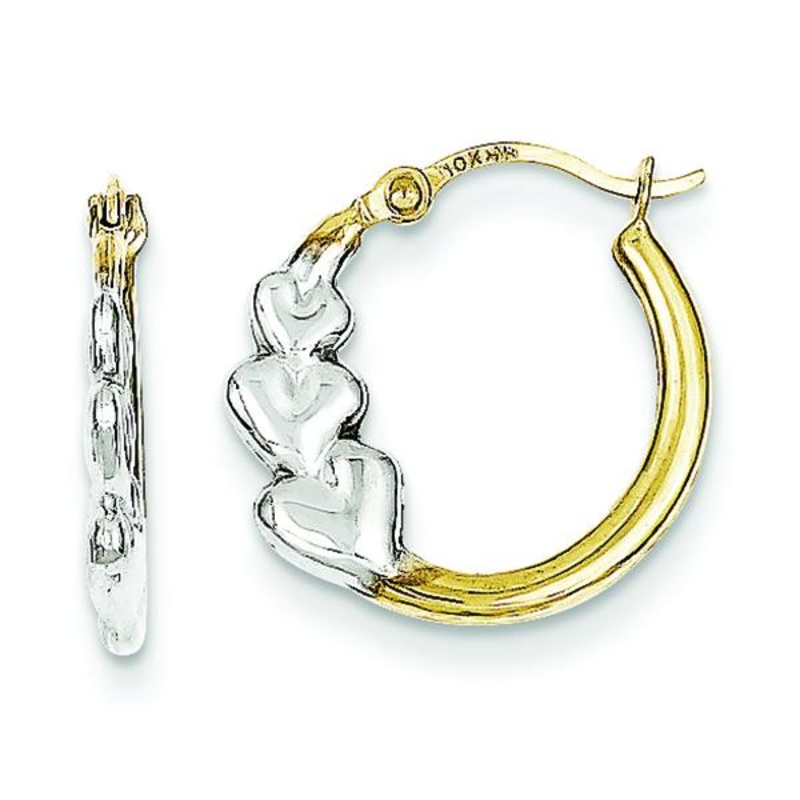 10K Yellow Rhodium And Heart Hollow Hoop Earrings