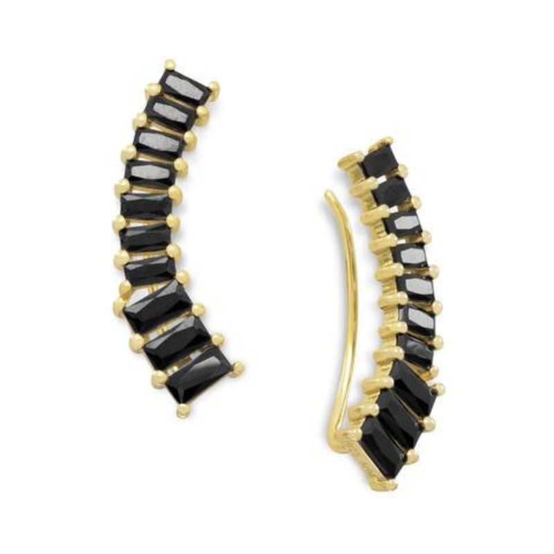14 Karat Gold Plated Ear Climbers With Black Cubic Zirconia