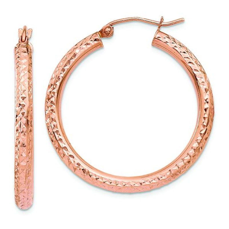 14K Rose Gold Diamond-cut 3mm Hoop Earrings