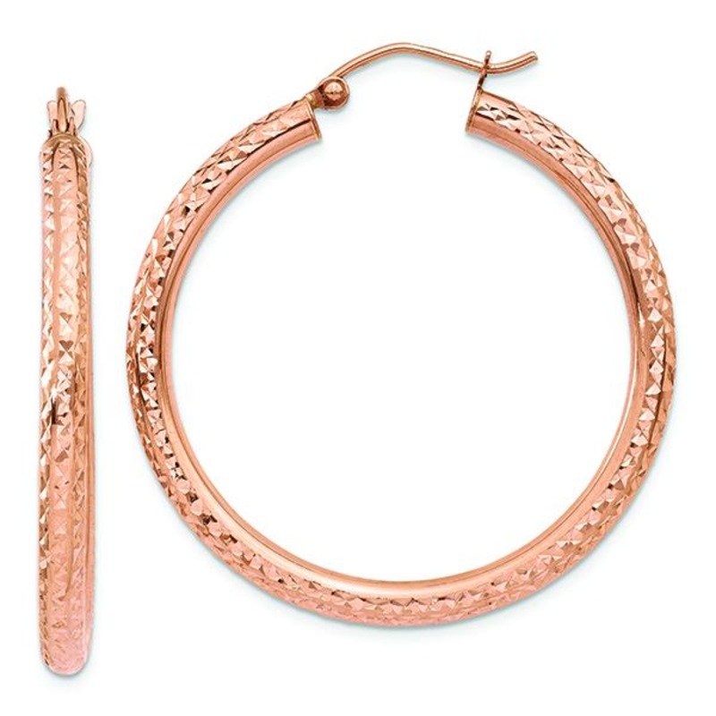 14K Rose Gold Round Diamond-cut 3mm Hoop Earrings