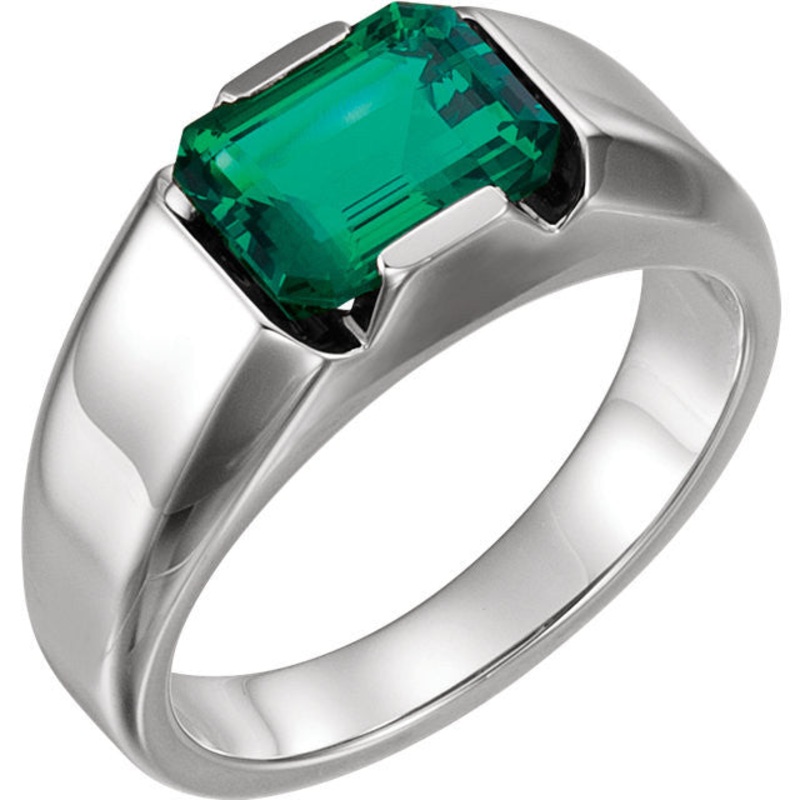 14K White Gold Created Emerald Men’s Ring