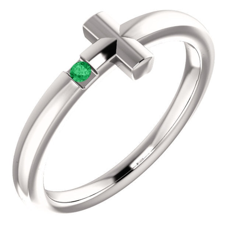 14K White Gold Emerald Youth Cross Ring