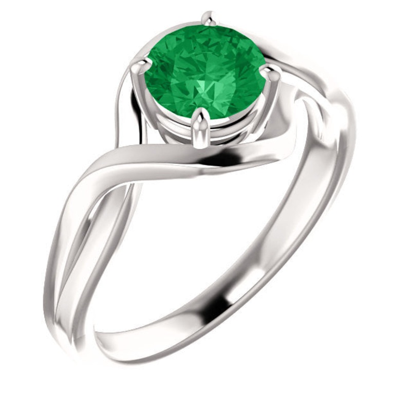 14k White Gold Round Chatham Lab-Grown Emerald Ring
