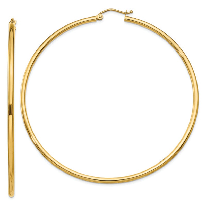 14K Yellow Gold 2x65MM Tube Hoop Earrings