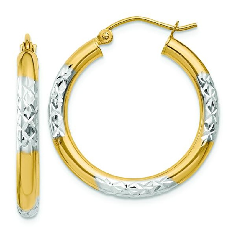 14K Yellow Gold Diamond-cut 3X25mm  Hoop Earrings