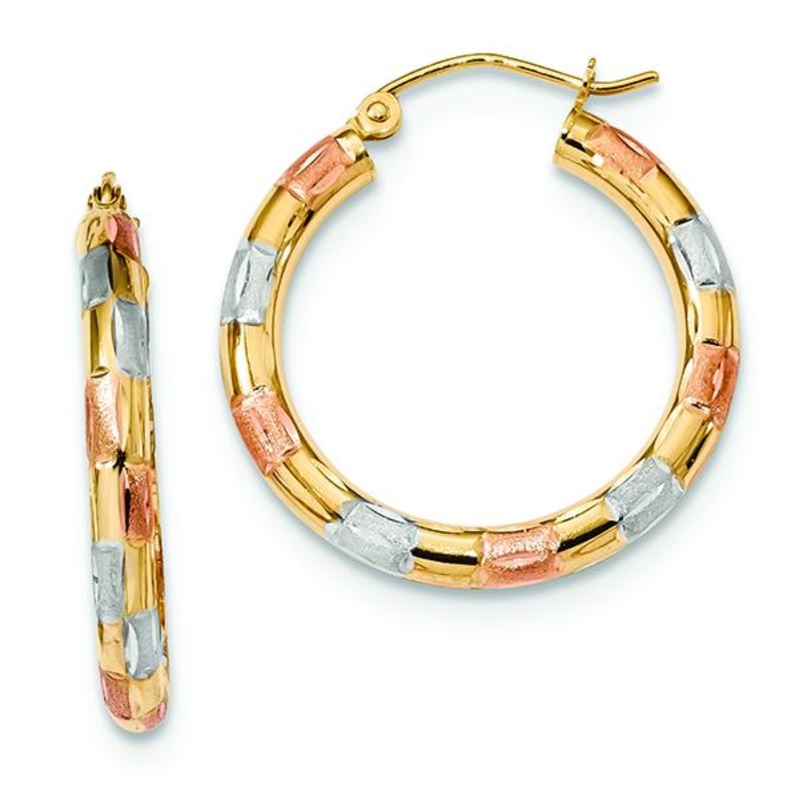 14K Yellow Gold With White And Rose Rhodium D/C Hoop Earrings