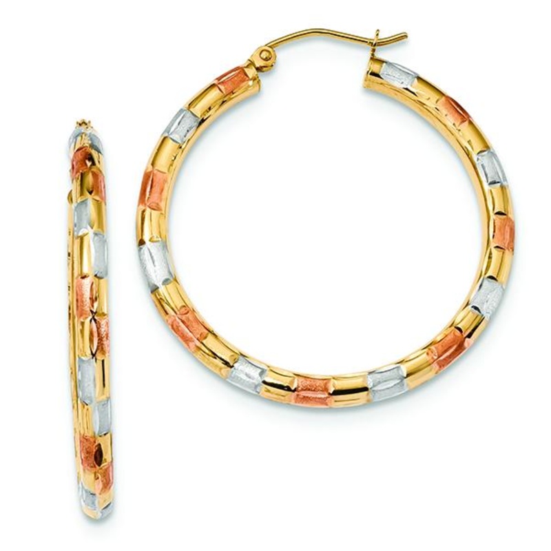 14K Yellow Gold With White and Rose RhodiumD/C Hoop Earrings
