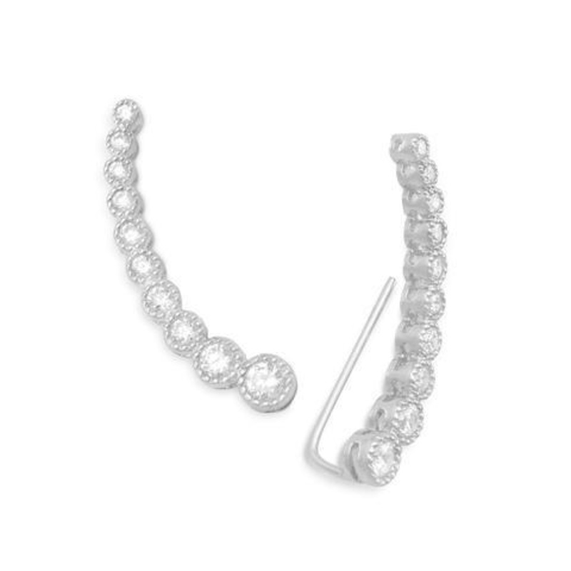 Textured Rhodium Plated Bezel Cubic Zirconia Ear Climbers