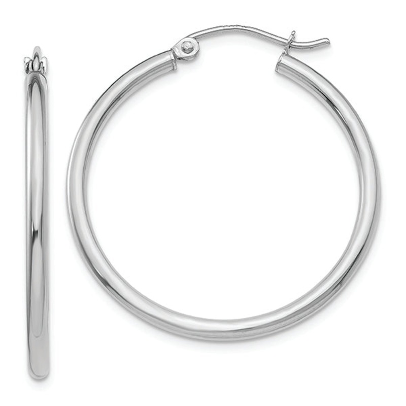 14K White Gold 2X30mm Lightweight Tube Hoop Earrings