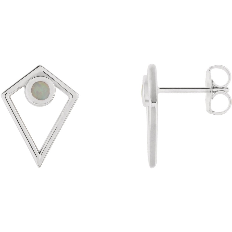 14K White Gold Opal Cabochon Pyramid Earrings