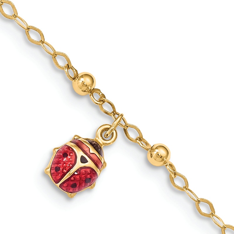 14K Yellow Gold Adjustable Enameled Ladybug  Anklet