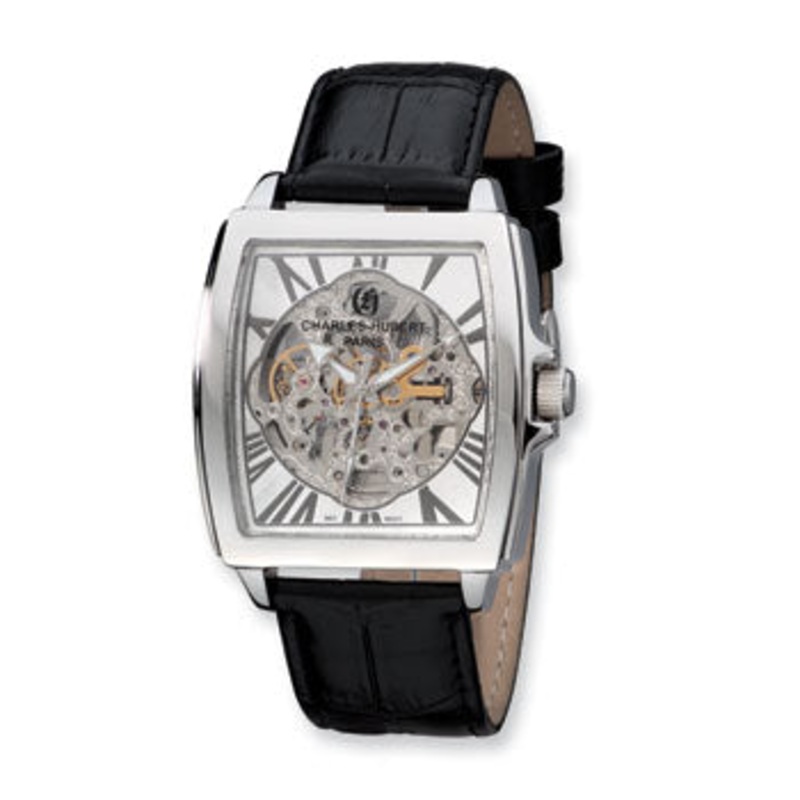 Charles Hubert Black Strap Stnlss Stl Skeleton Dial Automatic Watch