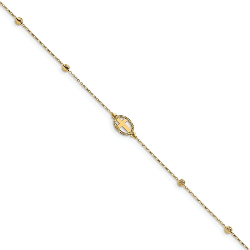 Leslie’s 14K Polished D/C Beaded Cross with 1in ext. Anklet