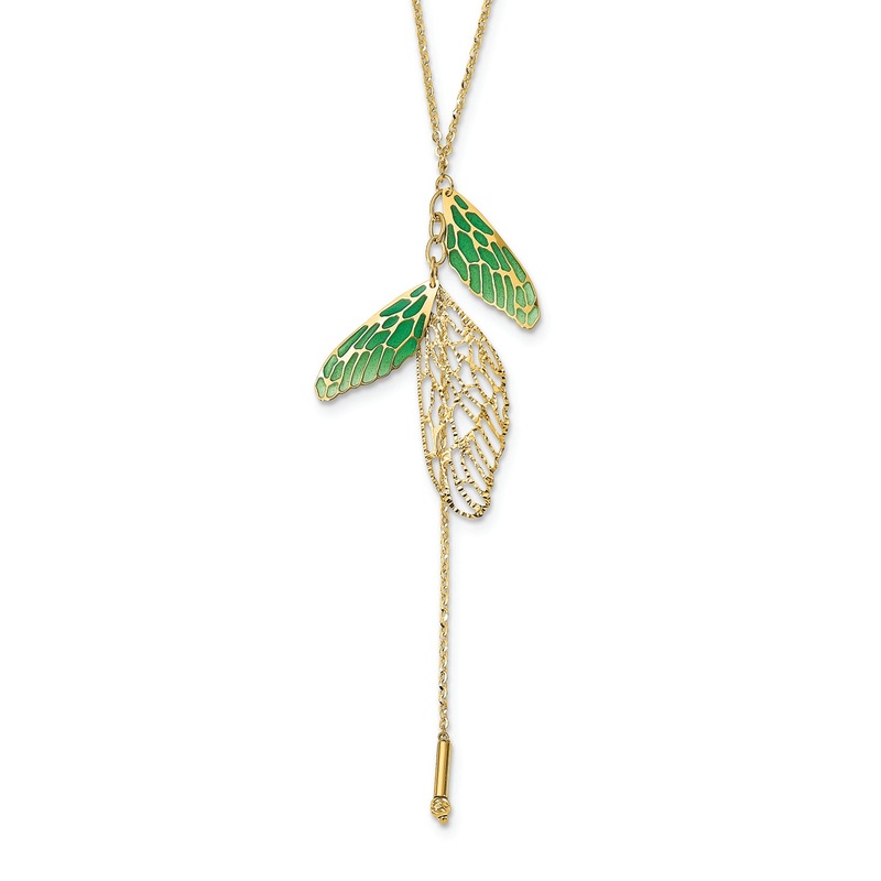 Leslie’s 14k Polished Green Enamel Butterfly Wing Y-drop Necklace