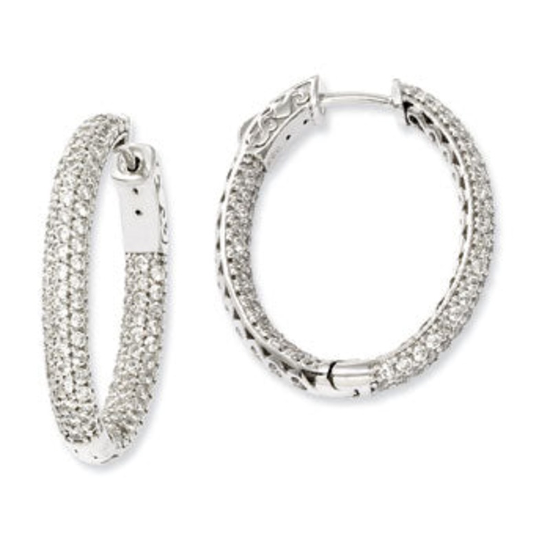 Sterling Shimmer Cubic Zirconia In and Out Oval Hinged Hoop Earrings                    Lock Design