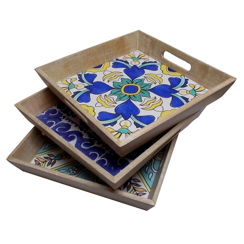 El Retiro Wood Serving Trays|Blue Tile|Green Tile|Bird Tile